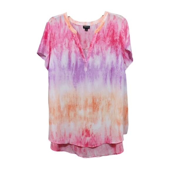 Torrid Pink Purple Water Color Semi Sheer Short Sleeve Blouse Women Plus Size 2X - Picture 2 of 9